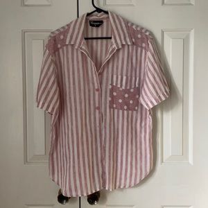 Women’s Short Sleeve Button Down: Pink/White